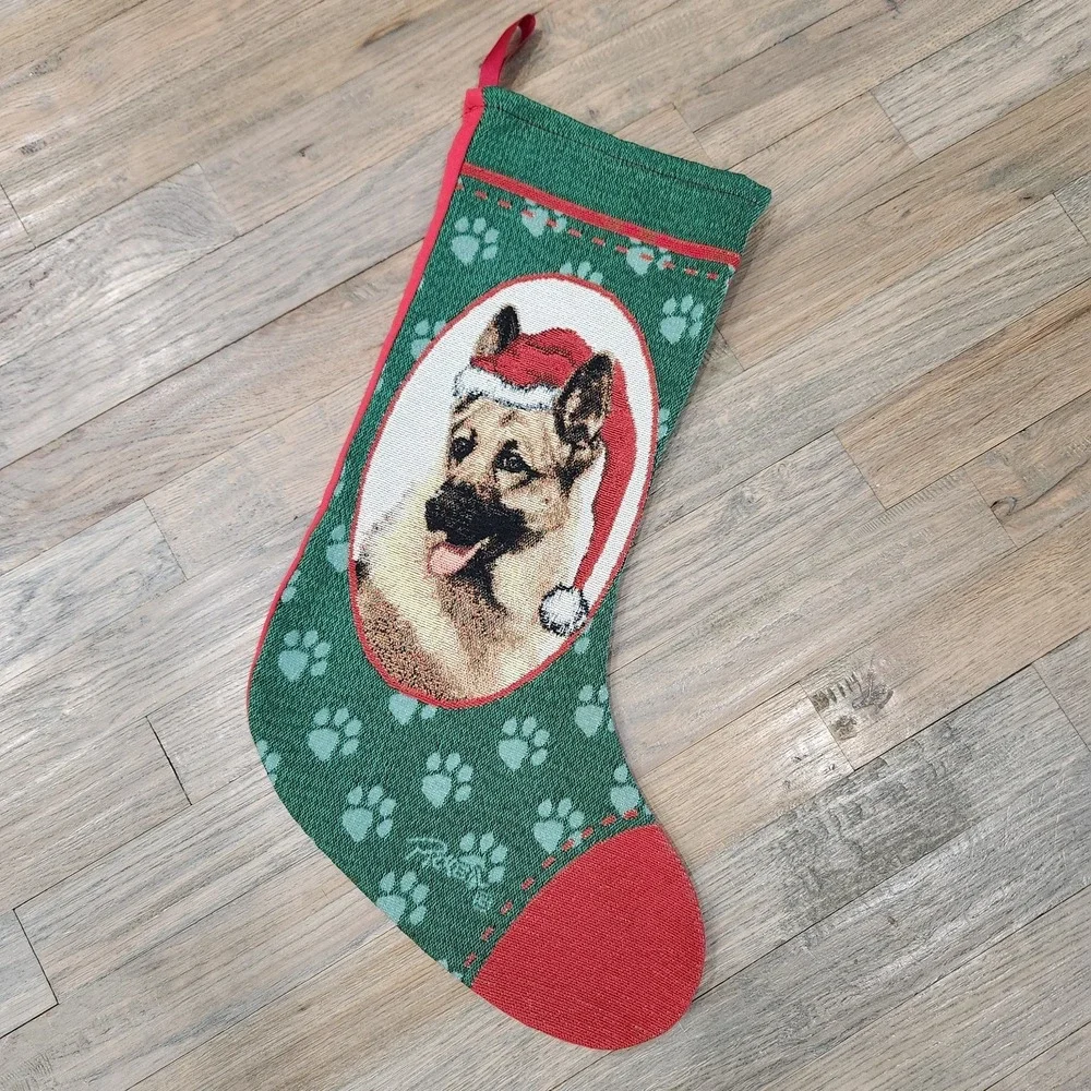German Shepherd Dog‎ Christmas Tapestry Stocking USA Red Green Santa Hat Picken